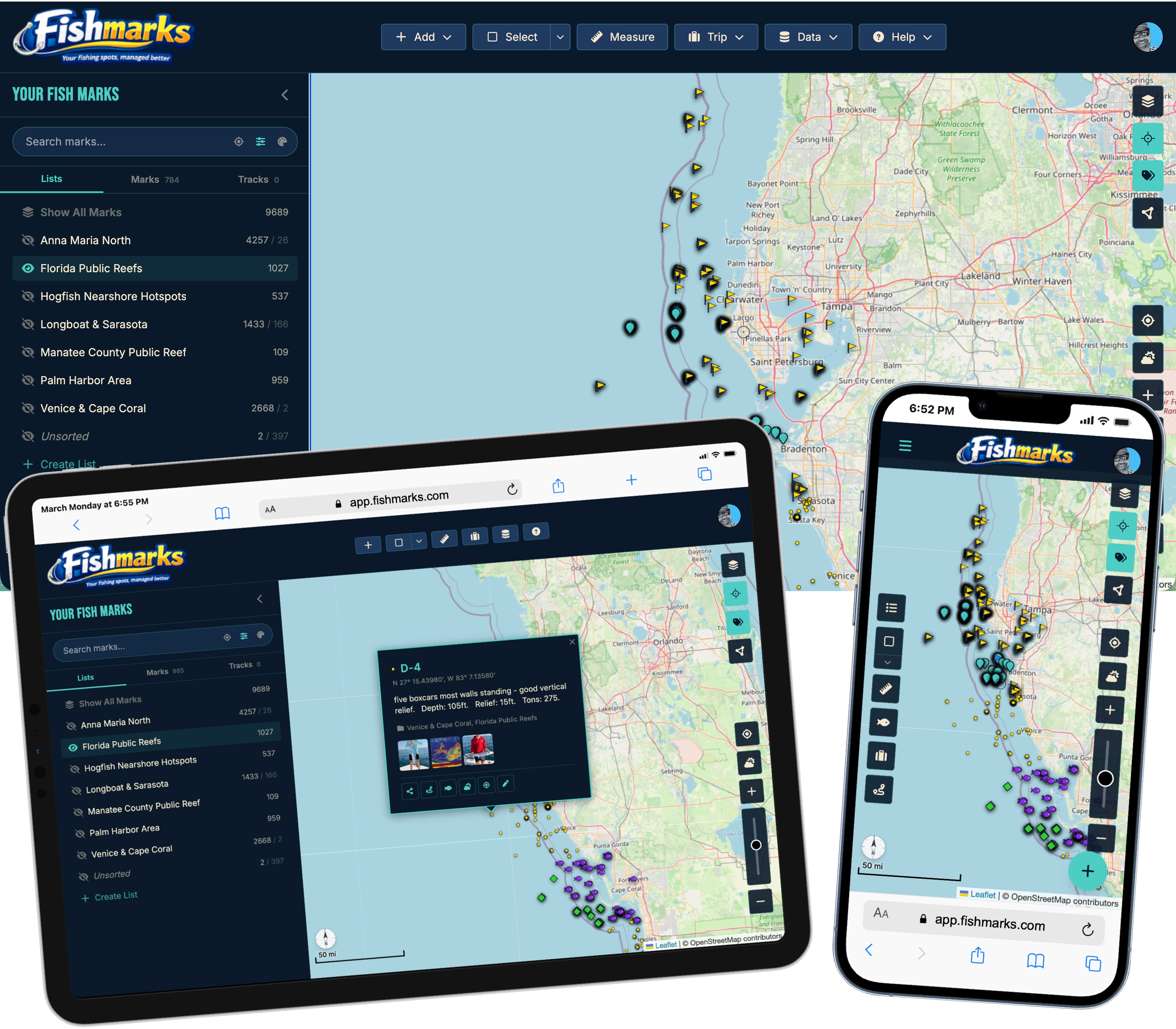 FISHMARKS app interface showing map with fishing waypoints, sidebar, and navigation tools